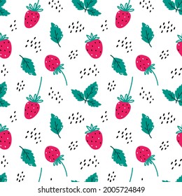 Cute seamless pattern with strawberry and leaves on white background. Vector hand-drawn illustration in cartoon style. Perfect for wrapping paper, textile, print, fabric.