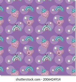 Cute seamless pattern with strawberry and rainbow. Cartoon pattern for print.