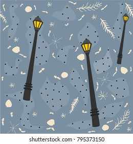 Cute seamless pattern with street lantern on blue background. Vector Illustration