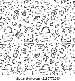 Cute Seamless Pattern With Summer Doodles - Beach Bikini, Wicker Bag, Sunscreen, Photo Camera, Crabs And Seashells. Vector Hand-drawn Illustration. Perfect For Print, Wrapping Paper, Wallpaper, Decor.