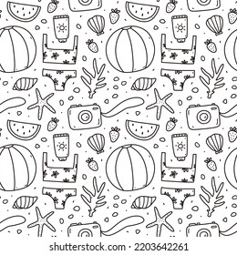 Cute Seamless Pattern With Summer Doodles - Beach Ball, Bikini, Sunscreen, Photo Camera, Corals, Starfish And Seashells. Vector Hand-drawn Illustration. Perfect For Print, Wrapping Paper, Wallpaper.