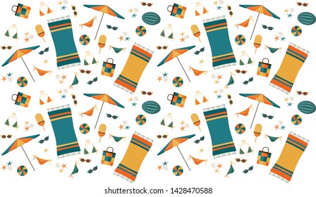 Cute seamless pattern with summer elements - beach towel, sunglasses, icecream, watermelo, sunshade, ball, bag. Graphic illustration. Modern print design for textile, background, wallpaper.