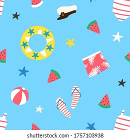 Cute seamless pattern with summer elements on blue background: watermelon, swimsuit, swimming trunk, beach flip flop, rubber ring, beach ball. Vector cartoon illustration