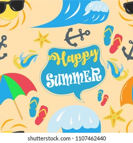 Cute seamless pattern with summer symbols. beach and sea compotition hand-drawn illustration