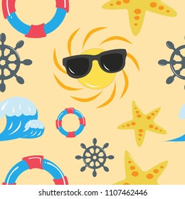 Cute seamless pattern with summer symbols. beach and sea compotition hand-drawn illustration