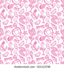 Cute seamless pattern with summer symbols. Shells, ice cream, strawberries. hand-drawn illustration
