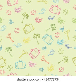 Cute seamless pattern with summer symbols palm, suitcase, anchor, lettering, sunglasses, wave. Vector seamless summer pattern in hand drawn style.Summer hand drawn pattern.