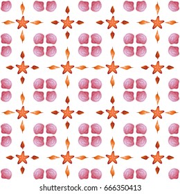 Cute seamless pattern with summer symbols. Shells, starfish. hand-drawn illustration.
