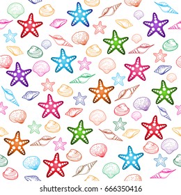Cute seamless pattern with summer symbols. Shells, starfish. hand-drawn illustration.