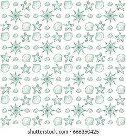 Cute seamless pattern with summer symbols. Shells, starfish. hand-drawn illustration.