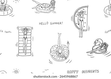 Cute seamless pattern of Summer time theme elements. Girls floats on an inflatable mattress and a circle. Travel design. Adventure. Hand drawn. Doodle style. Great for banner, professional design