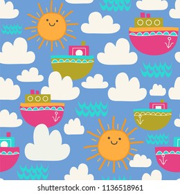 Cute seamless pattern with sun, boats, clouds and waves. Vector illustration in childish style.