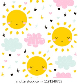 Cute seamless pattern with sun and clouds. Kids graphic. Vector hand drawn illustration.