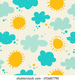 Cute Seamless Pattern With Sun And Clouds.