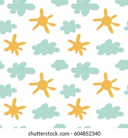 Cute seamless pattern with sun and clouds.