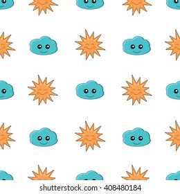 Cute seamless pattern with sun and clouds.Baby and kids style abstract  background.Cute kawaii smiling sun and cloud