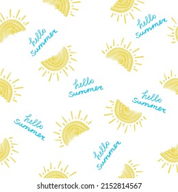 Cute seamless pattern of sun. Hello Summer. Bright and beautiful design for kids clothes, packaging and stationery. Vector, illustration.