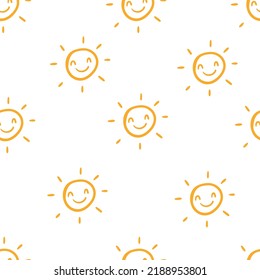 Cute seamless pattern of sun icons. Funny happy smiley suns. Bright and beautiful cartoon background. Vector illustration