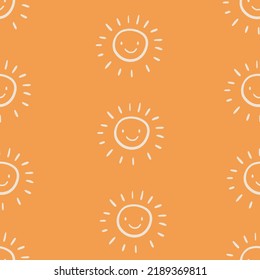 Cute seamless pattern of sun icons. Funny happy smiley suns. Bright and beautiful cartoon background. Vector illustration