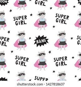 Cute seamless pattern with super cat on white background