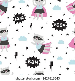 Cute seamless pattern with super cat.