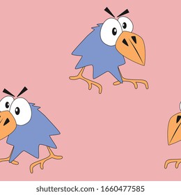 Cute seamless pattern with surprised blue crow bird. Childish print 
