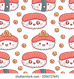 Cute seamless pattern with Sushi with googly eyes and flying fish roe characters. Hand drawn food background texture design for web, print and textile in cartoon, doodle style
