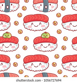 Cute seamless pattern with Sushi with googly eyes and flying fish roe characters. Hand drawn food background texture design for web, print and textile in cartoon, doodle style