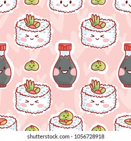 Cute seamless pattern with Sushi with googly eyes and Soy sauce characters. Hand drawn food background texture design for web, print and textile in cartoon, doodle style on color background