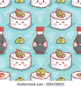 Cute seamless pattern with Sushi with googly eyes and Soy sauce characters. Hand drawn food background texture design for web, print and textile in cartoon, doodle style on color background