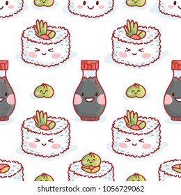 Cute seamless pattern with Sushi with googly eyes and Soy sauce characters. Hand drawn food background texture design for web, print and textile in cartoon, doodle style on white