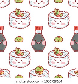 Cute seamless pattern with Sushi with googly eyes and Soy sauce characters. Hand drawn food background texture design for web, print and textile in cartoon, doodle style on white
