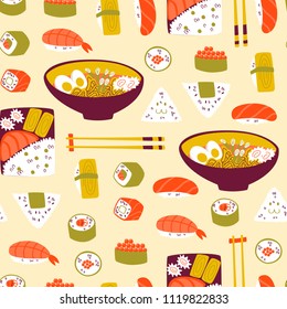 Cute Seamless Pattern with Sushi, Onigiri and Noodle.