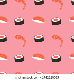 cute seamless pattern with sushi, rolls and shrimps on a pink background. Japanese kitchen. kawaii background. pattern for printing on fabric, wrapping paper, for websites and applications