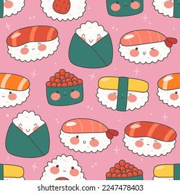 Patrón perfecto con sushi, rollos y pistolas. Ornamento kawaii con comida japonesa tradicional. Cocina asiática. Ilustración vectorial de material.