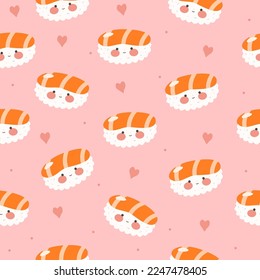 Patrón perfecto con sushi, rollos y pistolas. Ornamento kawaii con comida japonesa tradicional. Cocina asiática. Ilustración vectorial de material.