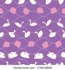 Cute seamless pattern with swan and pink water lily on purple background