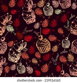Cute seamless pattern sweet Cake  on a dark background