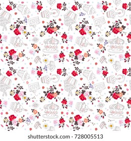 Cute seamless pattern with sweet cupcakes and beautiful flowers on white background.