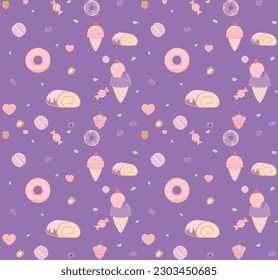 Cute seamless pattern  sweet ice cream elements, candies, hearts, cakes, berries