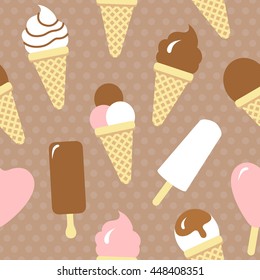 Cute seamless pattern with sweet ice creams brown dotted background