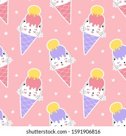 Cute seamless pattern sweet kitten in ice cream cone. Cartoon print for textiles, wrapping, fabric, wallpaper. Vector illustration for children.