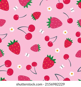 Cute seamless pattern of sweet strawberries and cherries. Strawberry background for fabrics, decorative paper. Textile print for a small child. Summer vector background.