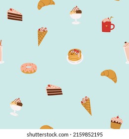 Cute seamless pattern with sweets, cakes, drinks and desserts. Vector hand drawn cartoon style illustration