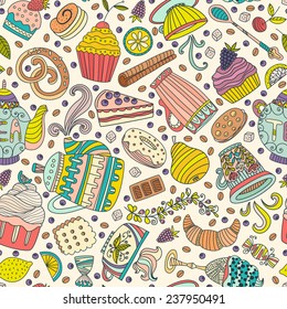 Cute seamless pattern with sweets and desserts: cupcake, ice cream, teapot. Doodle style vector. Baked goods, restaurant menu and tea party background. 