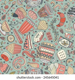 Cute seamless pattern with sweets and desserts: cupcake, ice cream, teapot. Doodle style vector. Baked goods, restaurant menu and tea party background. 