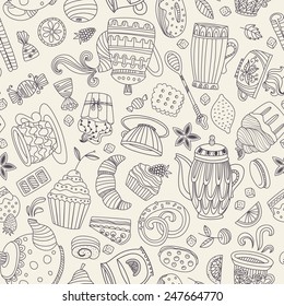 Cute seamless pattern with sweets and desserts: cupcake, ice cream, teapot. Doodle style vector. Baked goods, restaurant menu and tea party background. 