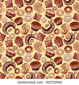 Cute seamless pattern with sweets and desserts: cupcake, ice cream, teapot. Doodle style vector. Baked goods, restaurant menu and tea party background.