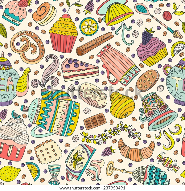 かわいいシームレスな柄と甘いお菓子とデザート カップケーキ アイスクリーム ティーポット 落書き風のベクター画像 焼き物 レストランのメニュー 茶会の 背景 のベクター画像素材 ロイヤリティフリー