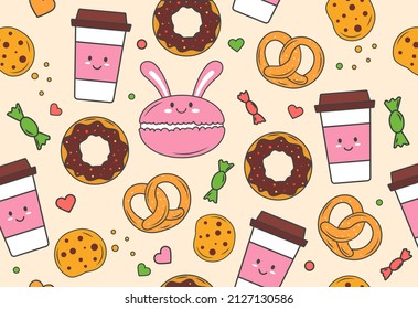 Cute seamless pattern with sweets. Donuts, mugs and pink bunnies. Repeating image for decorating gift wrapping paper. Delicious food for kids, childrens clothes. Cartoon flat vector illustration